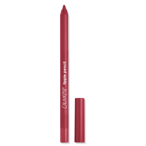 Bichette ColourPop Lippie Pencil shown uncapped, a deep berry-red lip liner with a tapered tip and matching cap beside it on a white background.
