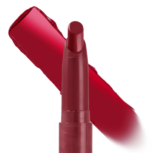 ColourPop Bichette Lippie Stix stands upright, its deep cherry red bullet set against a bold matching swatch, showcasing smooth high‑pigment color on a clean white background in a close-up product shot.