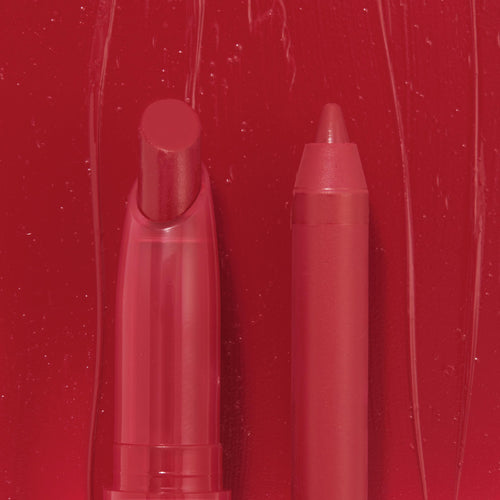 Read My Lips ColourPop Lippie Stix + Pencil Set displaying a creamy red lipstick bullet and matching liner pencil side by side against a glossy red swatch backdrop, highlighting the coordinated shade and smooth satin finish.