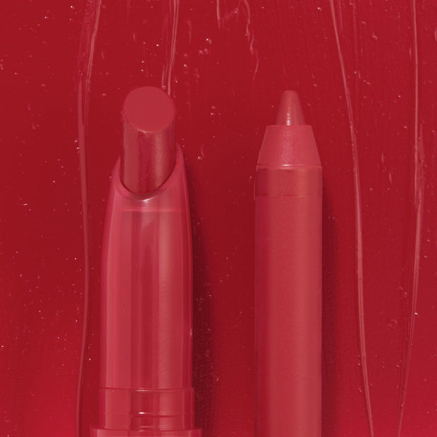 Read My Lips ColourPop Lippie Stix + Pencil Set displaying a creamy red lipstick bullet and matching liner pencil side by side against a glossy red swatch backdrop, highlighting the coordinated shade and smooth satin finish.