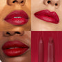Bold cherry-red lips wear Read My Lips in a four-panel grid - three close-ups on varied skin tones and one panel with the matching liner and Lippie Stix - showcasing the ColourPop Lippie Stix + Pencil Set and its creamy satin finish.