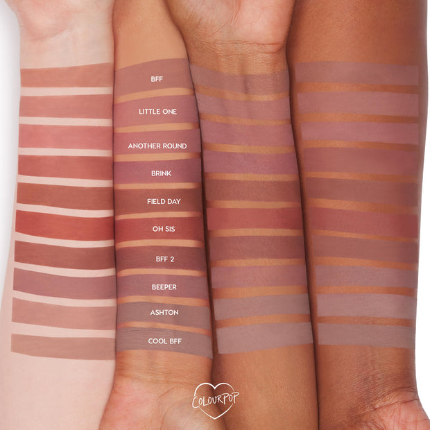 ColourPop Lippie Pencil Cool Besties swatches - multiple nude, pink, and mauve tones - shown as horizontal stripes on three arms with varying skin tones; shades labeled BFF, Little One, Brink, Oh Sis, Beeper, Ashton, and Cool BFF.