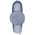 Billie Jean ColourPop Pressed Powder Shadow pan displays a metallic denim-blue shade with silver sparkle, set atop a crushed vertical swatch to show pigment and shimmer payoff on a white background.