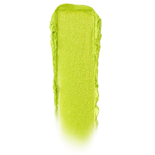 Billionaire ColourPop Jelly Much Shadow swatch, a vivid chartreuse lime eyeshadow with metallic shimmer, swept in a single thick vertical swipe with soft edges on a clean white background to show the jelly formula’s opaque payoff.
