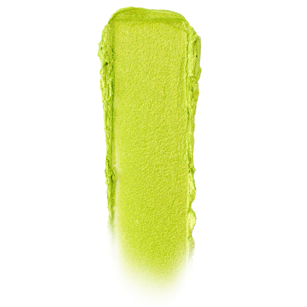 Billionaire ColourPop Jelly Much Shadow swatch, a vivid chartreuse lime eyeshadow with metallic shimmer, swept in a single thick vertical swipe with soft edges on a clean white background to show the jelly formula’s opaque payoff.