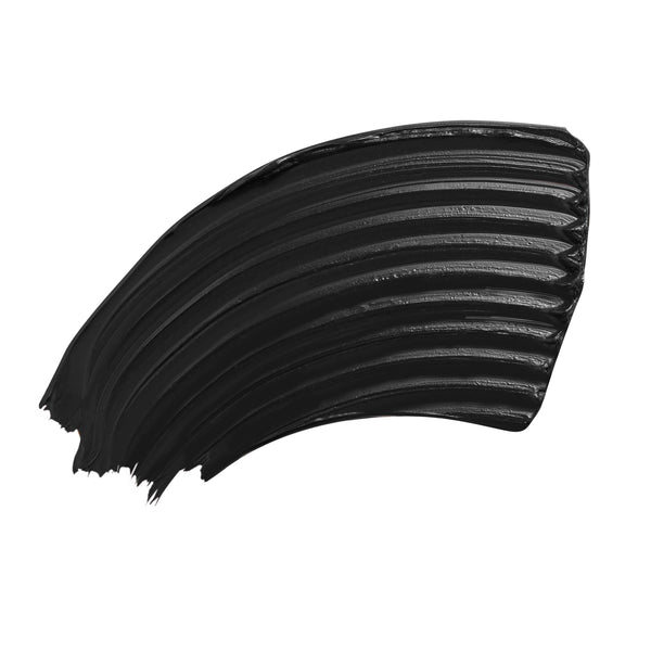 ColourPop Act Natural Mascara in Black swatch - glossy jet-black pigment swept in a curved stroke with visible ridged brush lines - on a clean white background, showcasing the shade and texture.