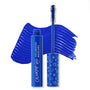 ColourPop BFF Mascara in Blue Ya Mind shows the open tube and wand, brush loaded with vibrant cobalt blue, as a bold swatch arcs behind on white; doodle-print cap and volumizing label spotlight the colorful, lash-lifting formula.