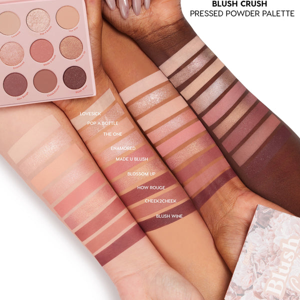 Blushing Nude ColourPop Shadow Palette Set swatched on three skin tones, displaying nine rosy nude shades - matte and shimmer - from soft champagne and peach to mauve and deep plum, with the pink nine-pan palette shown for shade payoff.