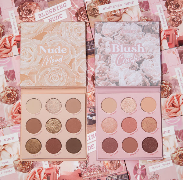Blushing Nude Shadow Palette Set showcases two open ColourPop 9-pan palettes - Nude Mood and Blush Crush - displaying matte and shimmer nude and rosy shades, set on floral pink packaging; a versatile ColourPop Shadow Palette Set.