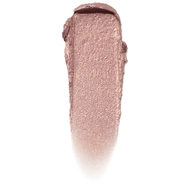 Boo-Kay ColourPop Jelly Much Shadow swatch spreads in a thick vertical stroke, showing a metallic mauve-rose shimmer with fine gold sparkle and a softly faded edge on a white background.