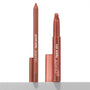 Stripped Down ColourPop Lippie Stix + Pencil Set standing upright with caps off, the rosy nude lippie pencil and slanted-tip lippie stix shown side by side on a light gray ledge against a white background.