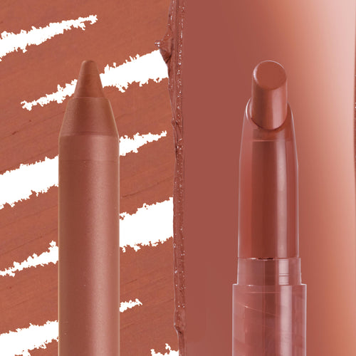 Stripped Down ColourPop Lippie Stix + Pencil Set shows the warm nude lip liner tip and matching Lippie Stix bullet in close-up, with a creamy swipe and diagonal liner streaks on a tonal brown backdrop.