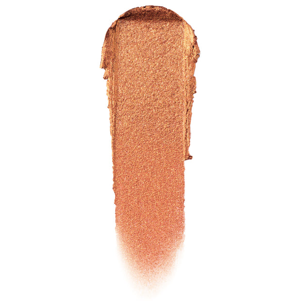 Brentwood ColourPop Jelly Much Shadow swatch, a metallic copper-bronze gel eyeshadow smear with gold shimmer, fanned to a soft fade on a white background, showcasing the Jelly Much Shadow texture and reflective finish.