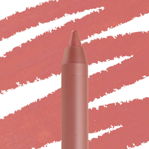 Brink ColourPop Lippie Pencil standing upright with a sharpened tip, creamy warm rosy nude shade, set against matching diagonal swatch strokes on a white backdrop for a close-up product detail.