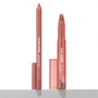 Perfect Duo ColourPop Lippie Stix + Pencil Set stands upright with caps off, the slim lip pencil and twist-up lippie stix revealing a warm rosy nude shade, displayed on a light surface against a white studio background.