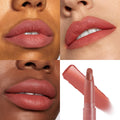 ColourPop Lippie Stix XOXO Bestie coats lips in a rosy nude shade, shown on three close-up lip swatches with smooth, creamy coverage, plus the slim bullet and color swipe in a four-panel grid on white, demonstrating payoff across varied skin tones.