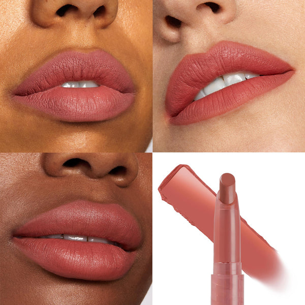 ColourPop Lippie Stix XOXO Bestie coats lips in a rosy nude shade, shown on three close-up lip swatches with smooth, creamy coverage, plus the slim bullet and color swipe in a four-panel grid on white, demonstrating payoff across varied skin tones.