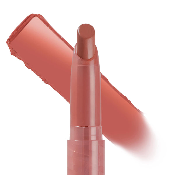 Brink, a ColourPop Lippie Stix, stands with its angled tip exposed while a creamy warm terracotta‑nude swatch sweeps behind, shown close-up on a white background to showcase the slim twist-up lipstick tube.