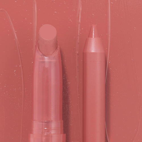 Perfect Duo ColourPop Lippie Stix + Pencil Set with creamy Lippie Stix and matching lip pencil standing side by side, showcasing a warm rosy nude shade against a glossy swatched background for precise lining and smooth color payoff.