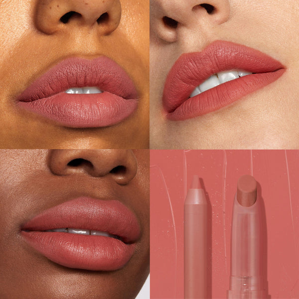 ColourPop Perfect Duo Lippie Stix + Pencil Set defining and filling lips in a warm rosy-terracotta matte, shown in a four-panel grid on varied skin tones, with close-ups of lined lips and a final panel showing the pencil and twist-up Stix on a swatched backdrop.