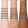 ColourPop Brow Boss Pencil Taupe shade swatched in parallel stripes on three different skin tones, showing taupe brow makeup color payoff compared with Blonde, Light Brown, Brunette, Dark Brown, Ash Brown, and Soft Black shades.