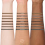 ColourPop Brow Boss Pencil Taupe shade swatched in parallel stripes on three different skin tones, showing taupe brow makeup color payoff compared with Blonde, Light Brown, Brunette, Dark Brown, Ash Brown, and Soft Black shades.
