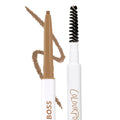 ColourPop Brow Boss Pencil in Blonde shade shown uncapped with a fine taupe brow makeup stroke and built-in spoolie brush on a white background, highlighting precise eyebrow defining and grooming in one dual-ended tool.