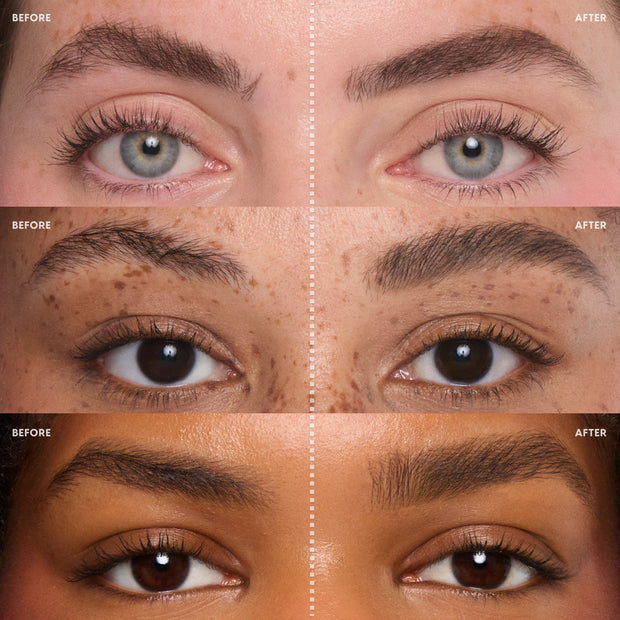 Three pairs of female eyes show before-and-after results of Taupe Brow Boss Pencil brow makeup, with sparse eyebrows on the left and fuller, defined brows on the right against a neutral close-up studio background.