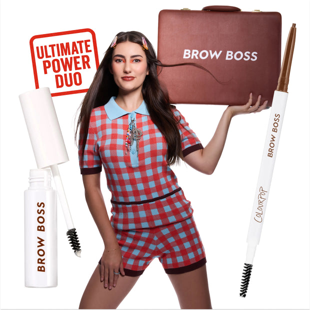 Model posing in retro red and blue checkered outfit, holding a briefcase labeled Brow Boss, surrounded by ColourPop Brow Boss Pencil in Taupe and brow gel, promoting brow makeup as the ultimate power duo on a clean white background.