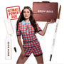 Model posing in retro red and blue checkered outfit, holding a briefcase labeled Brow Boss, surrounded by ColourPop Brow Boss Pencil in Taupe and brow gel, promoting brow makeup as the ultimate power duo on a clean white background.