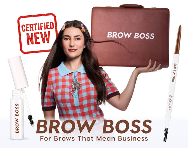 Young woman holding a brown briefcase labeled BROW BOSS poses between ColourPop Brow Boss eyebrow gel and Brow Boss pencil, with bold text reading BROW BOSS and Certified New, promoting brow makeup for brows that mean business.