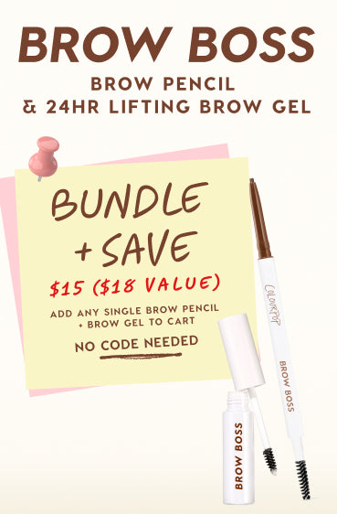 Brow Boss bundle promotion showing a white brow pencil with spoolie and a 24HR lifting brow gel tube against a pastel background, highlighting a $15 bundle and save offer with no code needed.