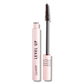 ColourPop Level Up Lengthening Mascara in Brown, open with slim wand lifted and bristles coated, standing beside a pale pink tube labeled LEVEL UP with wavy-line cap, shown on a clean white background.