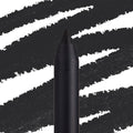 ColourPop Lippie Pencil Bull Chic defining lips in deep matte black, shown in macro with a sharpened tip against bold black swatch streaks on a white backdrop for precise lip lining.