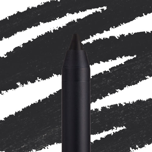 ColourPop Lippie Pencil Bull Chic defining lips in deep matte black, shown in macro with a sharpened tip against bold black swatch streaks on a white backdrop for precise lip lining.