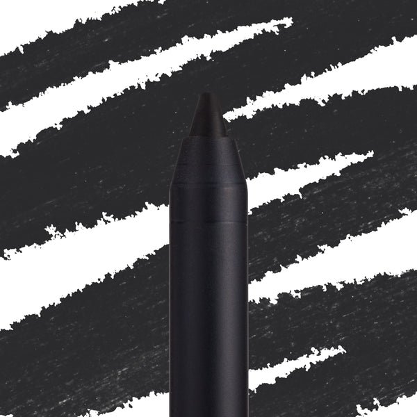 ColourPop Lippie Pencil Bull Chic defining lips in deep matte black, shown in macro with a sharpened tip against bold black swatch streaks on a white backdrop for precise lip lining.
