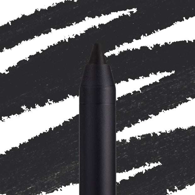 ColourPop Lippie Pencil Bull Chic defining lips in deep matte black, shown in macro with a sharpened tip against bold black swatch streaks on a white backdrop for precise lip lining.