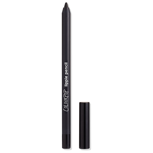 Bull Chic ColourPop Lippie Pencil stands uncapped to reveal its deep black lip liner tip, the matte black barrel labeled “lippie pencil,” with the glossy cap placed beside it on a clean white background.