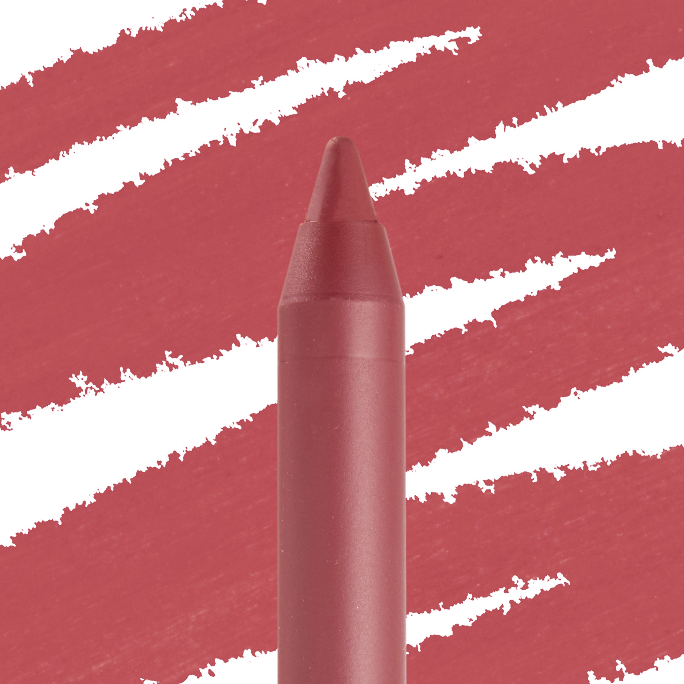 ColourPop Lippie Pencil in Bumble lip liner stands upright with a sharpened tip, showing smooth warm rose pigment against diagonal matching swatch streaks on a white-and-rose backdrop.