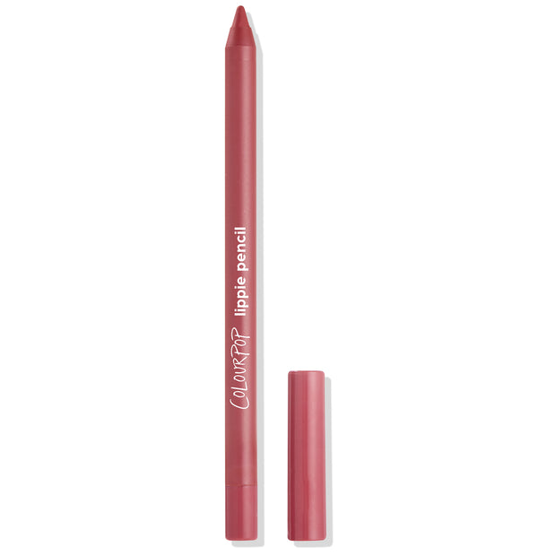 Bumble ColourPop Lippie Pencil lying uncapped with a sharpened rosy‑mauve tip, cap set beside it on a white background, highlighting the slim lip liner design and brand logo for precise lip lining in the Bumble shade.