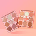Two open nine-pan palettes from the Baby Got Blush ColourPop Shadow Palette Set, Blush Baby and Baby Got Peach, showing matte and shimmer pink, peach, and neutral shades in clear-lid compacts on a pink gradient backdrop.