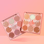 Two open nine-pan palettes from the Baby Got Blush ColourPop Shadow Palette Set, Blush Baby and Baby Got Peach, showing matte and shimmer pink, peach, and neutral shades in clear-lid compacts on a pink gradient backdrop.