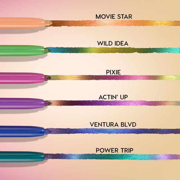 Movie Star Chrome Crème Gel Liner draws a molten copper-to-gold duochrome swatch from a peach pen, displayed atop a lineup of multichrome ColourPop gel liner shades with labeled strokes on a cream background.