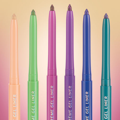 Six Chrome Hearted ColourPop Chrome Crème Gel Liner pencils stand uncapped, showcasing chrome shimmer tips; retractable barrels in peach, lime, fuchsia, purple, cobalt, and teal line up against a soft pastel gradient background.