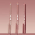 Trio of ColourPop Lippie Pencil Cool Besties standing upright, tips exposed, in light nude, pink nude, and rosy mauve tones with matching caps, arranged on a blush gradient background for a clean product shot.