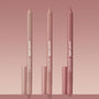 Trio of ColourPop Lippie Pencil Cool Besties standing upright, tips exposed, in light nude, pink nude, and rosy mauve tones with matching caps, arranged on a blush gradient background for a clean product shot.