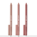 Three ColourPop Lippie Pencil liners from the Cool Besties set stand upright with caps at the base, tips exposed in light beige nude, soft pink nude, and rosy mauve shades against a white studio background.