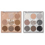 Brewtiful Neutrals ColourPop Shadow Palette Set showing two open 9-pan palettes - Deja Brew with warm matte and shimmer browns and Gone Metal with cool taupe, silver, gray, and black metallics - in tan and silver cases, side by side.