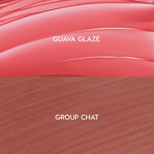 Glazed Pout swatches show ColourPop So Juicy Plumping Lip Liner & Balm Set: top glossy coral balm “Guava Glaze” and bottom warm rosy-brown liner “Group Chat,” split panel highlighting texture and shade pairing.
