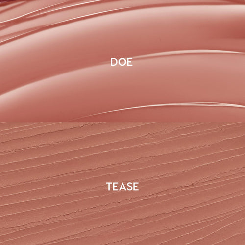 Swatches show ColourPop So Juicy Plumping Lip Liner & Balm Set, Go-To Lip: glossy balm in warm rosy nude labeled DOE on top and matte liner in matching nude labeled TEASE below, displayed in a split texture layout.